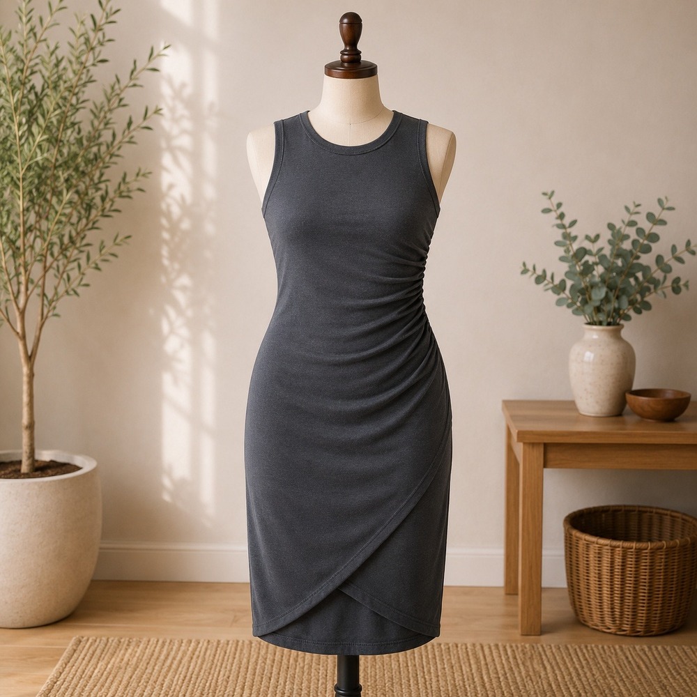 NWT Melrose and Market Sheath Dress Womens Medium Black Ruched Tulip Hem Tank